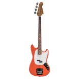 Mid 1990s Fender Mustang Bass guitar, made in Japan, ser. no. T0xxx83; Finish: Fiesta red;