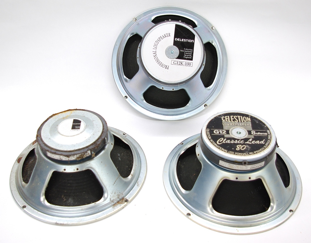 Three old Celestion 12" speakers including a Classic Lead 80, a G12K-100 and a G12T-100 (3)