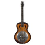 Globe resonator guitar; Finish: tobacco sunburst, various scratches and blemishes; Fretboard: