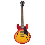 1980s Hondo Revival H935 semi hollow body electric guitar; Finish: cherry sunburst, minor dings