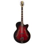 1950s Neubauer archtop guitar, made in Germany; Finish: red burst with multi-band striped side,