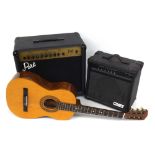 Park G25R guitar amplifier, a Crate GX-15 guitar amplifier and an Encore ENC36N three-quarter size