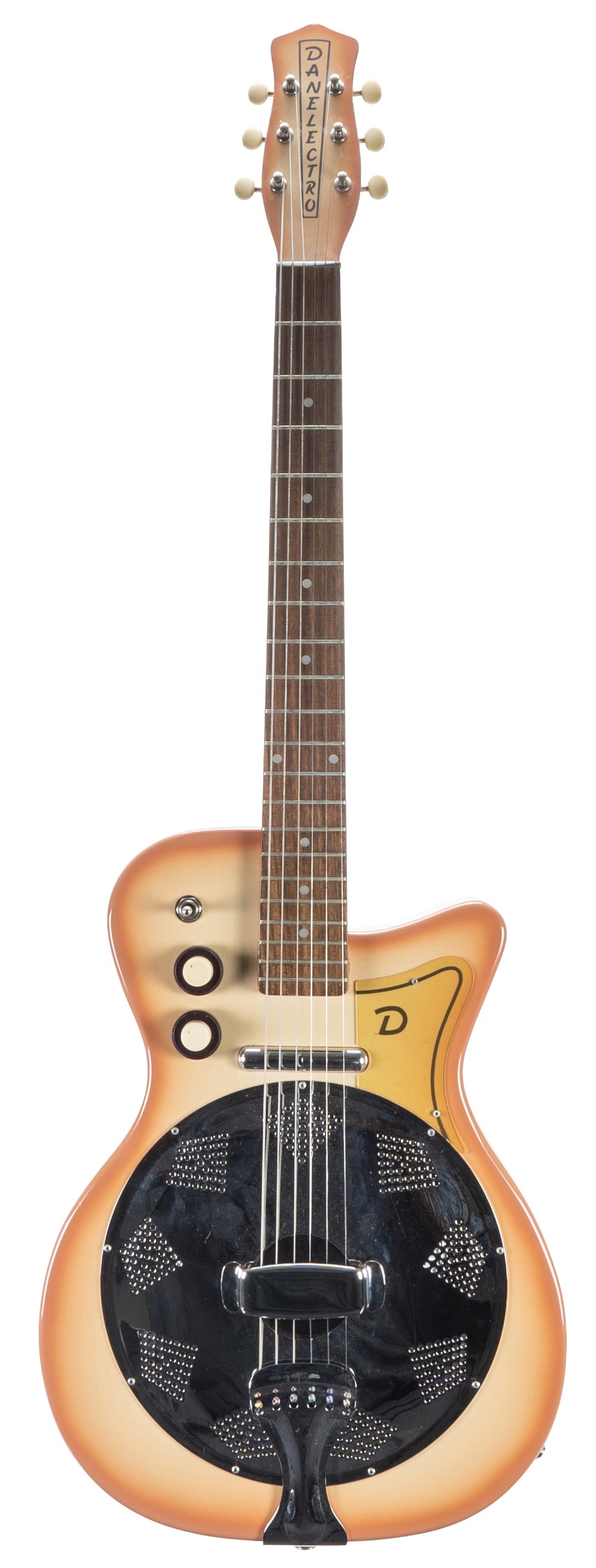 1990s Danelectro Resodan electric resonator guitar; Finish: coral burst; Fretboard: rosewood; Frets: