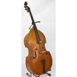 Mid 20th century Czechoslovakian three-quarter size double bass, length of back 44", soft case