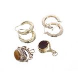 Two 9ct stone set swivel fobs; with two pairs of 9ct earrings, 14.8gm in total