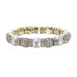 Good 18ct yellow gold cultured pearl and diamond bangle, 87.5gm, 70mm wide