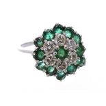 18ct white gold emerald and diamond cluster ring, 5.2gm, cluster 17mm, ring size N/O - **box