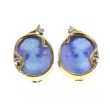 Pair of 18ct blue cameo and diamond set earrings by Catherine Best of Mayfair, depicting female