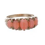 Victorian style 9ct five stone coral ring, 3.9gm, ring size P - **box