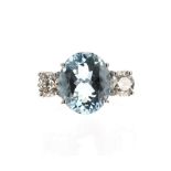 Fine platinum aquamarine and diamond three stone ring, the aquamarine estimated 4.00ct approx,