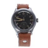 Cyma WWII Military issue stainless steel gentleman's wristwatch, circular black dial with Military