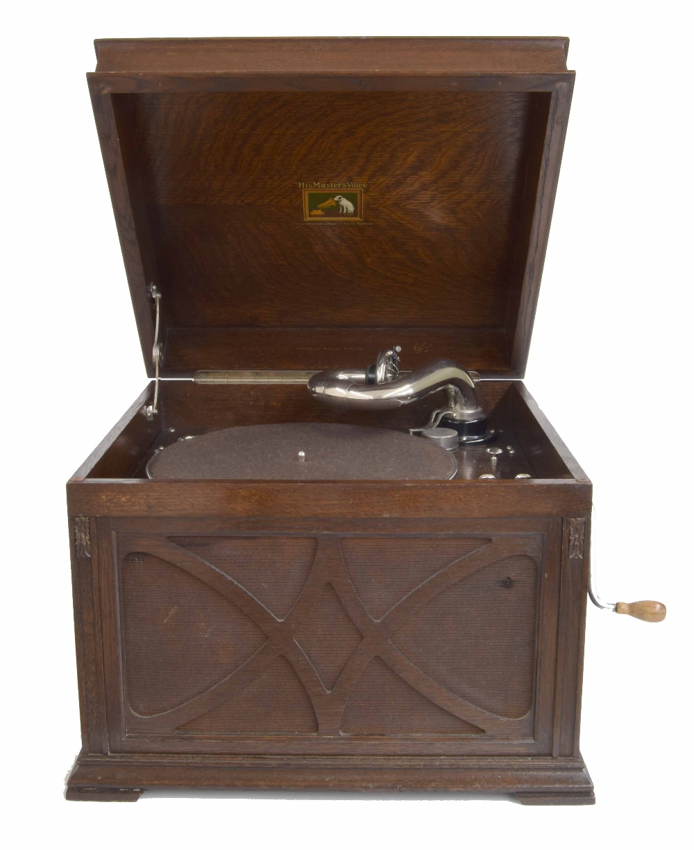 HMV model 130 salon gramophone, within a stepped oak square case with hinged lid over front