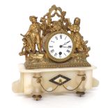 Late 19th century French gilt spelter and onyx figural mantel clock, 12" high (pendulum)