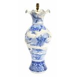 Chinese large blue and white slender baluster vase (converted to a lamp), with frill rim over the