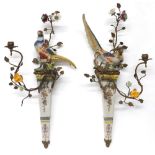 Pair of Meissen style porcelain and gilt metal mounted wall sconce, both with modelled birds of