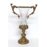 Rococo style moulded glass and gilt metal mounted twin-handled vase, 17" high