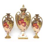 Porcelain garniture trio of vases in the Worcester manner (one rim at fault), tallest 15" high (3)