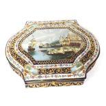 Russian style porcelain and gilt metal mounted box, with a marine and harbour scene with floral