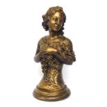 Faux bronze gilded bust of a lady holding flowers, 15" high