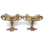 Pair of Art Nouveau style gilt metal and porcelain comports upon stylised gilt metal floral