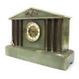 Green onyx two train mantel clock in an architectural case, 12.5" high