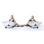 Pair of German style porcelain figural comports, 7" high and 12" wide (2)