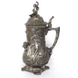 WMF style cast metal lidded stein, with raised figural decoration around, the hinged lid