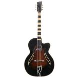 1950s archtop guitar, possibly by Glassl; Finish: two-tone burst, many imperfections, rippling to