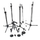 Five various boom microphone stands; together with three weighted short stands with a selection of