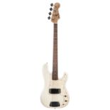 Precision style bass guitar, with metallic ivory finish (blemishes and scratches), hard case