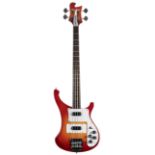 Retrovibe Renegade bass guitar; Finish: cherry sunburst; Fretboard: rosewood; Frets: good;