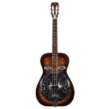 1972 Dobro Model 66 resonator guitar, made in USA; Finish: brown lacquered ornate sand blast design,