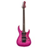 Crafter Super Strat type sample electric guitar; Finish: pink flame top, blemishes to the back and