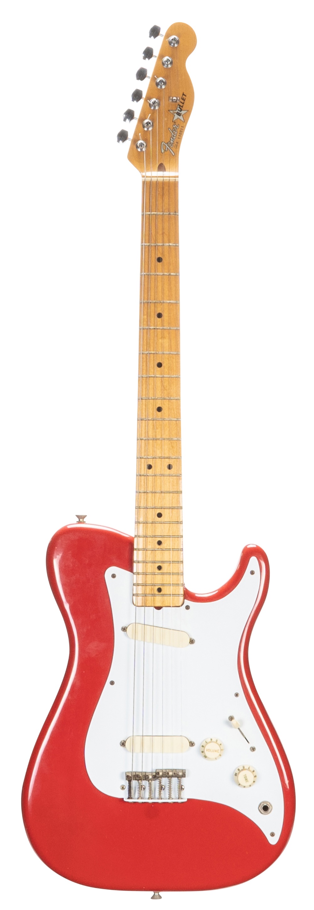 1981 Fender Bullet electric guitar, made in USA, ser. no. E1xxxx1; Finish: red, various surface