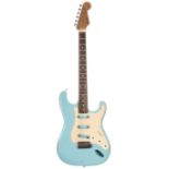 Incomplete custom build Strat style electric guitar, comprising a Daphne blue relic body, rounded