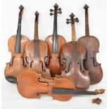 Six old full size violins in need of restoration (6)