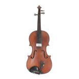 French three-quarter size violin labelled Dulcis et Fortis, 12 15/16", 32.90cm, bow, case