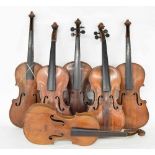 Six old full size violins in need of restoration (6)