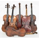 Six old full size violins in need of restoration (6)