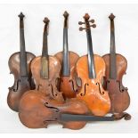 Six old full size violins in need of restoration (6)