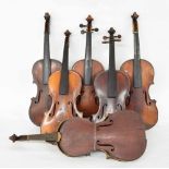 Six old full size violins in need of restoration (6)