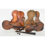 Three old violins in need of extensive restoration; also a matching violin back and front (no