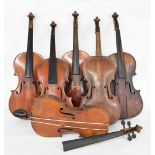 Six old full size violins in need of restoration (6)