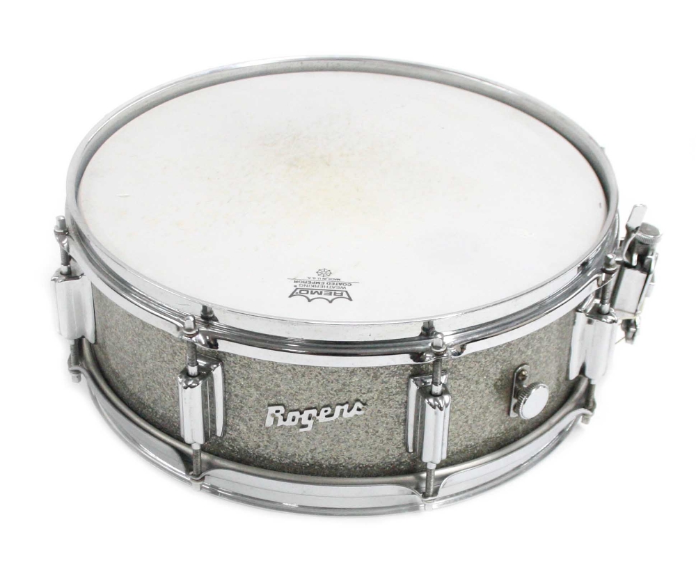 1966 Rogers Powertone 14" snare drum; Finish: silver sparkle; Serial no.: 14504