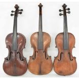 Three interesting old full size violins in need of restoration (3)