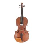 Early 20th century violin, unlabelled, 14 3/16", 36cm, bow, case (table sound post crack)