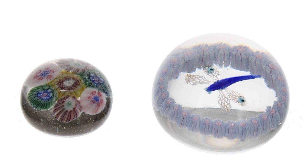 Dragonfly glass and millefiori paperweight, the central blue dragonfly within a border of pale