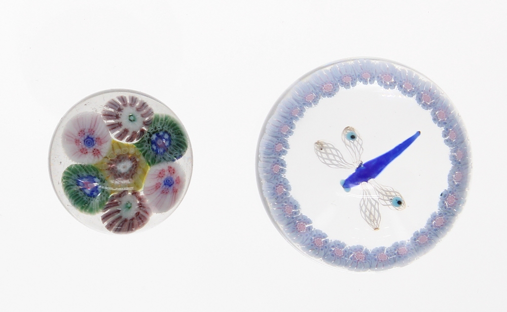 Dragonfly glass and millefiori paperweight, the central blue dragonfly within a border of pale - Image 2 of 2