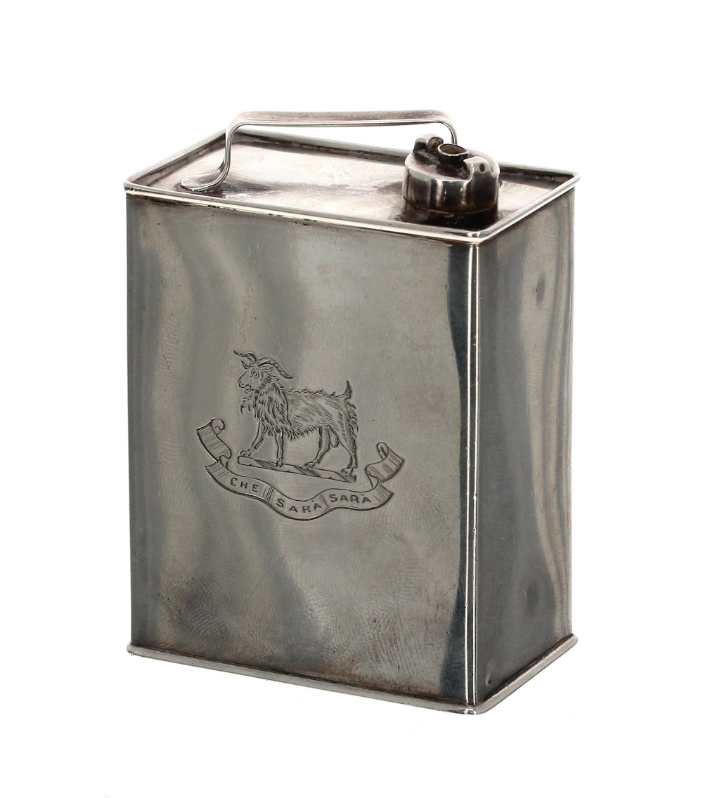 Sampson Mordan & Co. silver table lighter in the form of a 'Jerry'/petrol can, bearing the Russell