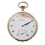 Almatic 14k lever engine turned dress pocket watch, unsigned gilt movement with compensated